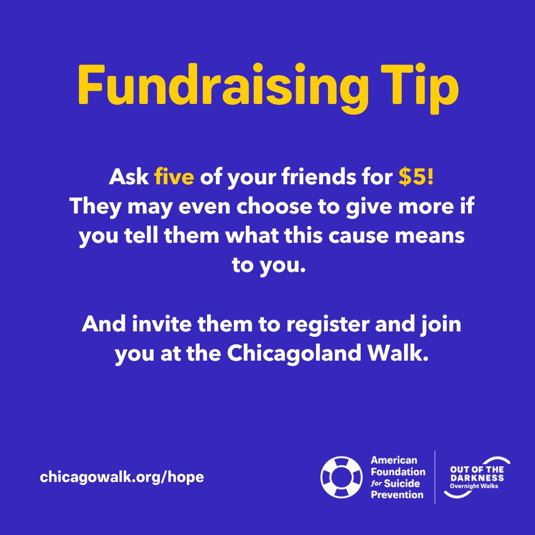 AFSPIL's tweet photo. Friday Fundraising Tip!
Donate or Register today at https://t.co/lqFT95LG1Q
#ChicagolandWalk
#AFSPIL
#WalkWithUs https://t.co/AqCU7u8l5c