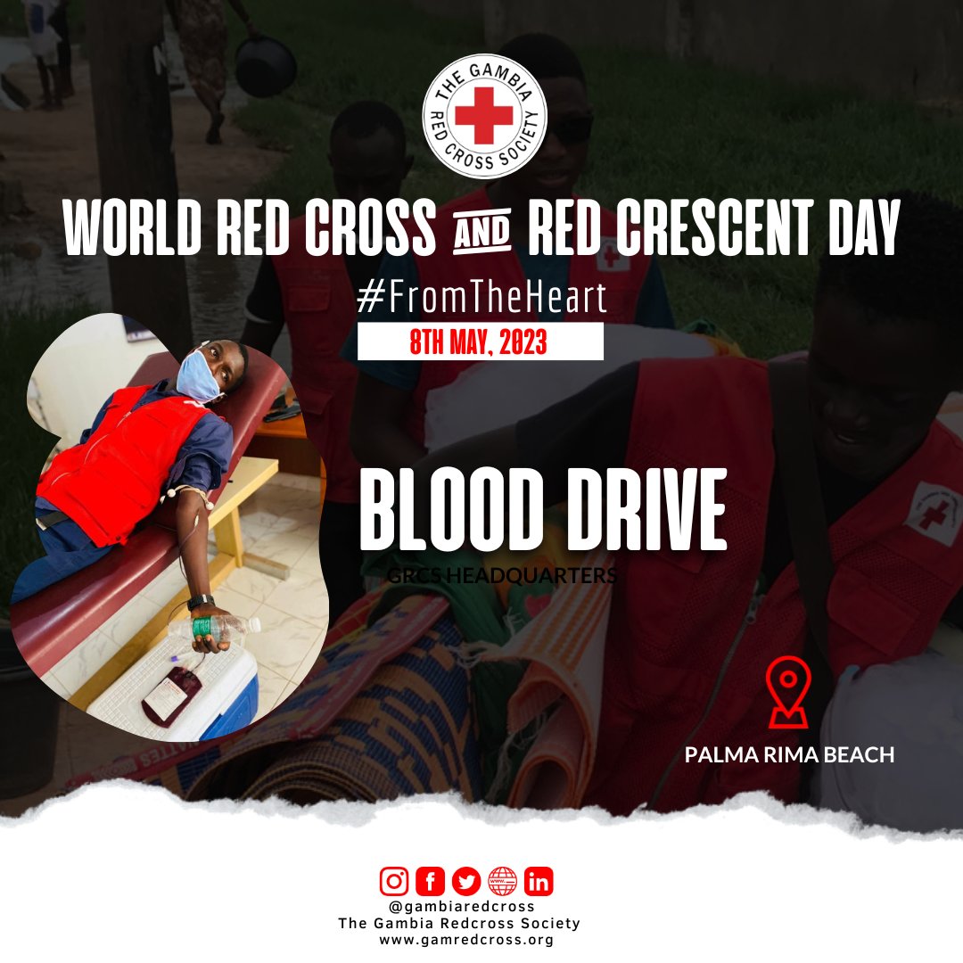 GambiaRedCross's tweet photo. As part of the #WRCD commemoration, we are inviting you to join us in saving lives by donating blood.
Remember that every donation counts, and your contribution could mean the difference between life and death for someone in need.
We look forward to seeing you on 8th May. https://t.co/01MPiZx4sb
