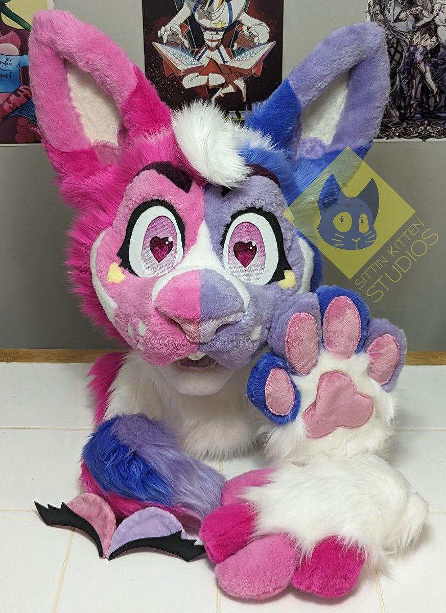 Sittin_Kitten's tweet photo. We have a new partial up for sale. It was hard to decide on which color pallet to use, so we split it down the middle! This Pink and Purple Harlequin Rabbit is looking for a new place to call home. Link to the auction can be found below. 

#fursuitforsale #fursuitfriday #Fursuit https://t.co/Mon6UpvFcn