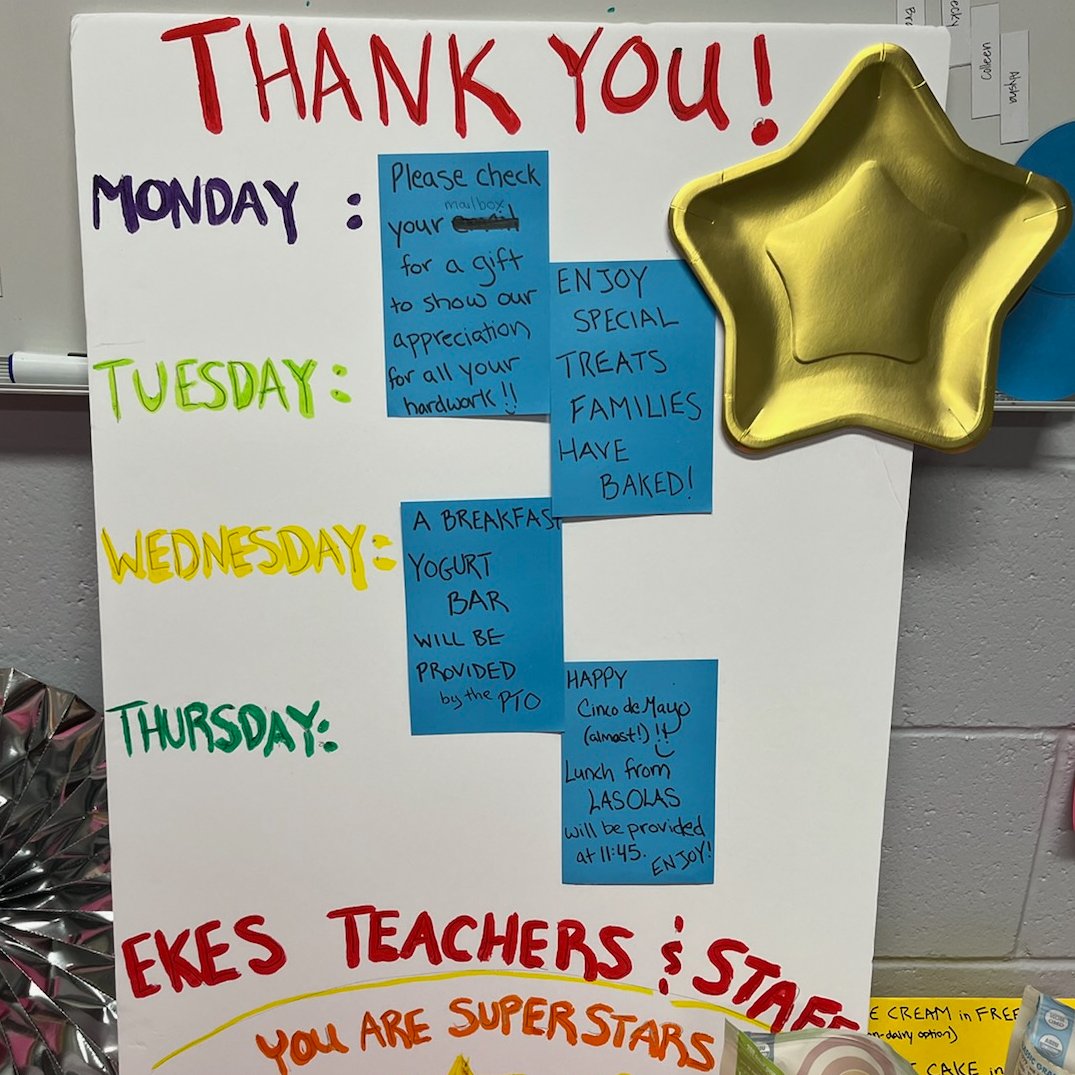 EKESCommunity's tweet photo. A big thank you to the EKES PTO and families for a wonderful teacher appreciation week. The teachers and staff felt so much appreciation throughout each thoughtfully planned day. We are so grateful to be part of such a supportive community. https://t.co/O2FJ8Y4hg0