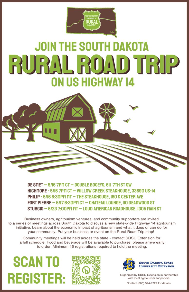 Be part of planning a new agritourism initiative in South Dakota! If you have a passion for agritourism and are interested in tourism around Highway 14 - Register today! 

extension.sdstate.edu/event/highway-…