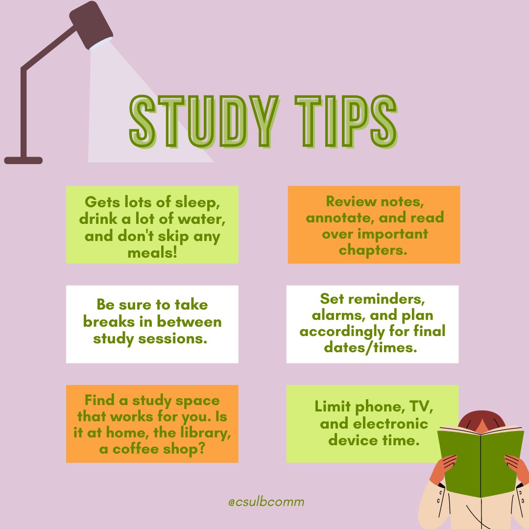 commcsulb's tweet image. COMM is here with some study tips for finals season! ✏️

Try and implement these beneficial study tips to end your semester strong. 📚

#StudyTips #COMMStudies #CommunicationStudies