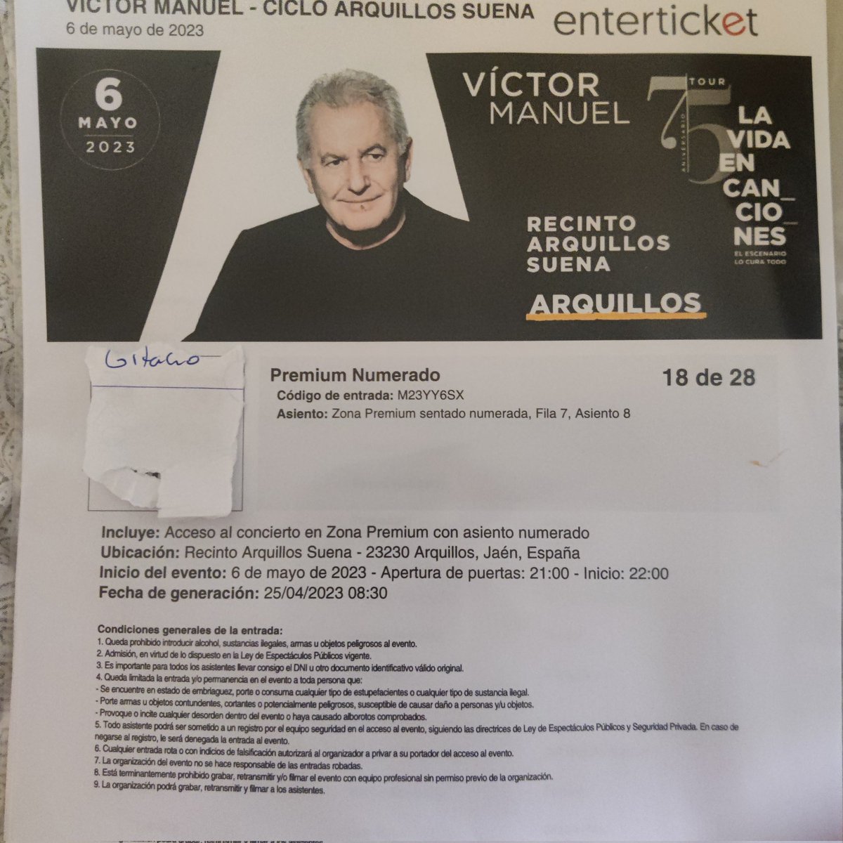 catakroked's tweet photo. Vendo por temas personales entrada premium de Víctor Manuel el día 6 de mayo a las 22 horas por 30 euros, su valor es 60 e incluso si no hay interesado lo bajaría lo que haga falta para que alguien disfrute de un mítico.
Quedaría en persona en Jaén capital siempre que sea cerca. https://t.co/pwhDIRjE2A