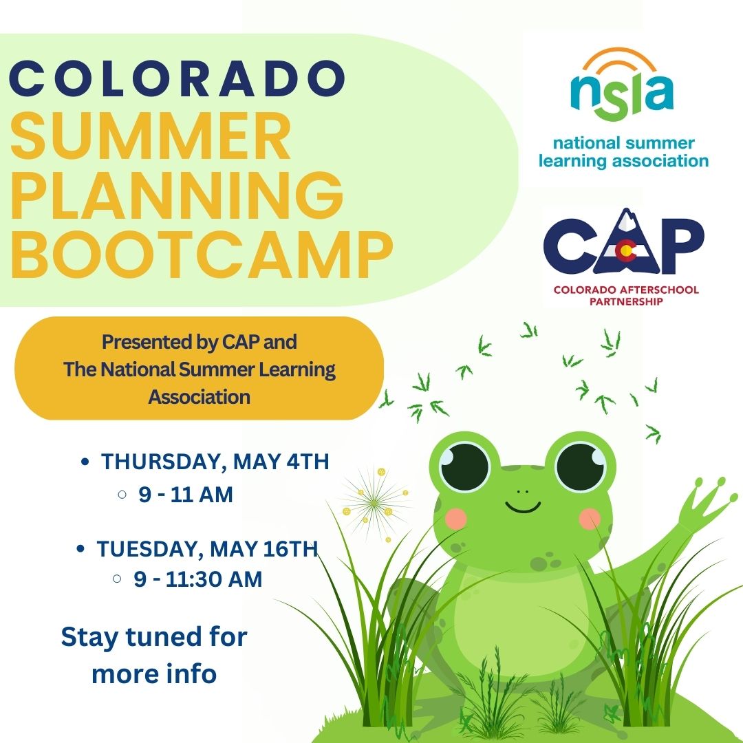COAfterschool's tweet image. There is still time to register for SECOND NO-COST virtual Colorado Summer Planning Bootcamp hosted by CAP and @summerlearning! Gain tools and best practices to get ready for summer. Register at bit.ly/41cBK1c! #Summerready #Summerlearning #ColoradoSummer