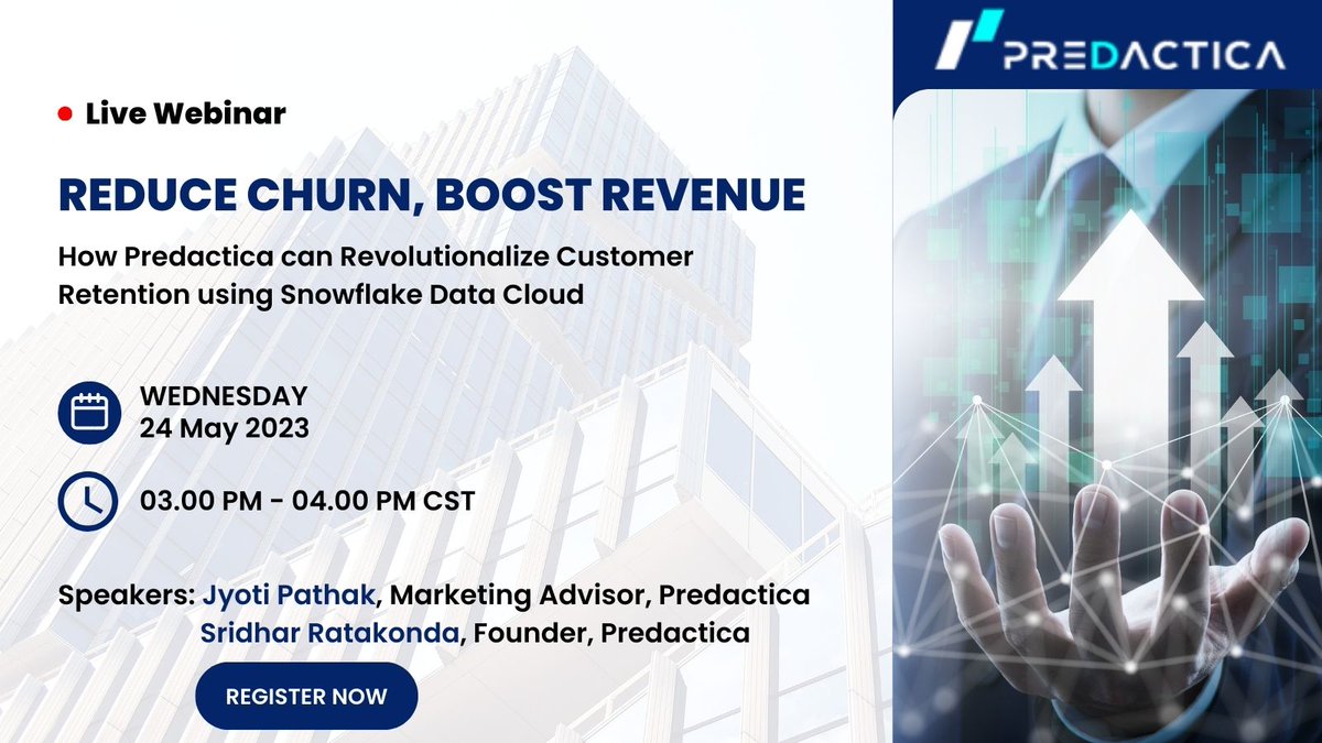 Do you find it difficult to solve the customer retention puzzle? Join our upcoming #webinar to learn how #Predactica and #snowflakedatacloud can help you reduce churn and boost revenue. Register @ predactica.com/webinars/how-p…

#webinar #customerretention #datapower #businessgrowth
