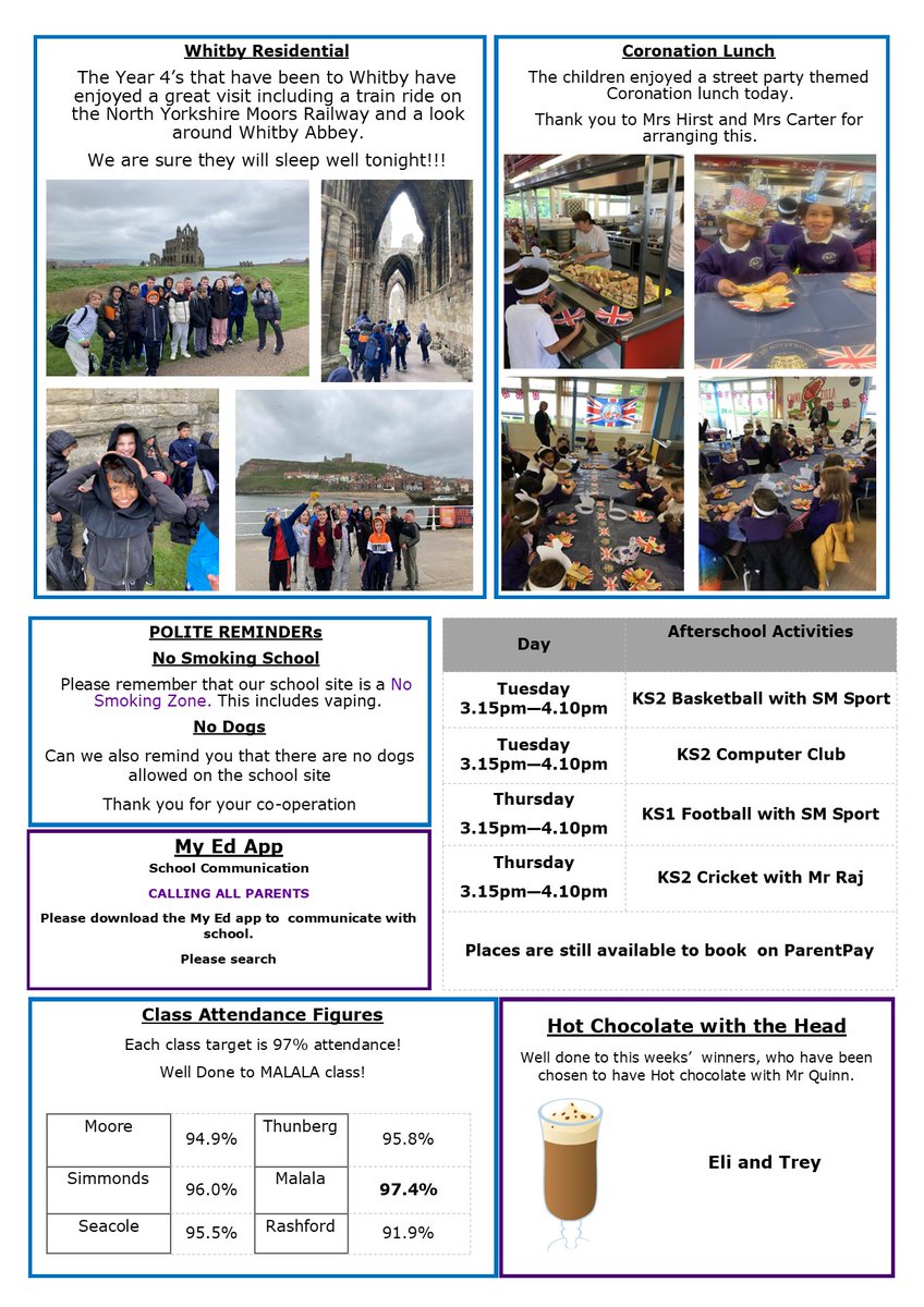 Please find attached this week's newsletter. Don't forget that we are not in school on Monday due to the Coronation. Have a lovely weekend and we will see you back in school on Tuesday.