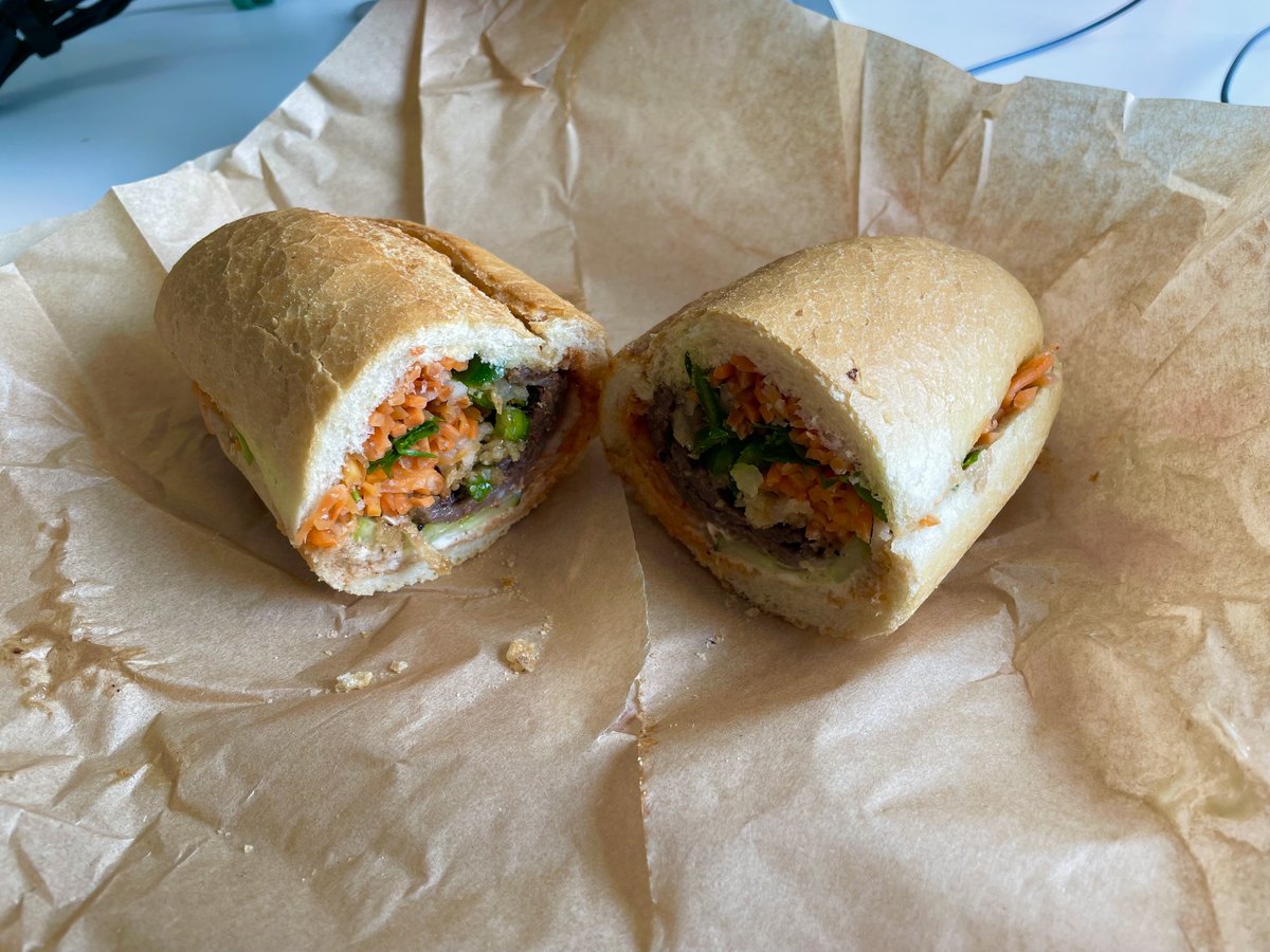 TomNakamura's tweet photo. My #Vietnamese Sandwich for lunch today. Found #BunMee on a request by my colleague from @GLOBIS_PR. #Delicious #Spicy #バインミー #ベトナムサンドイッチ #辛い https://t.co/xpRoIx0iQS