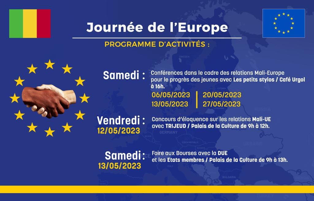 Voici le programme des activités de la célébration de la Journée de l'Europe. 
A ne pas rater!
#celebrationdu9mai #journeedeleurope #concoursdeloquence
 #MaliGenerationsFutures #FêtedelEurope