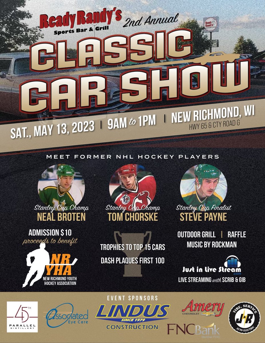 hockeylogic's tweet photo. @ryan_kelly8825 I’ll be in New Richmond next Saturday at a Car Show.
Former North Star Steve Payne lives there and is organizing the event.
Me, Neal Broten, and Payner will be there. https://t.co/Ib4xjAIHZ9