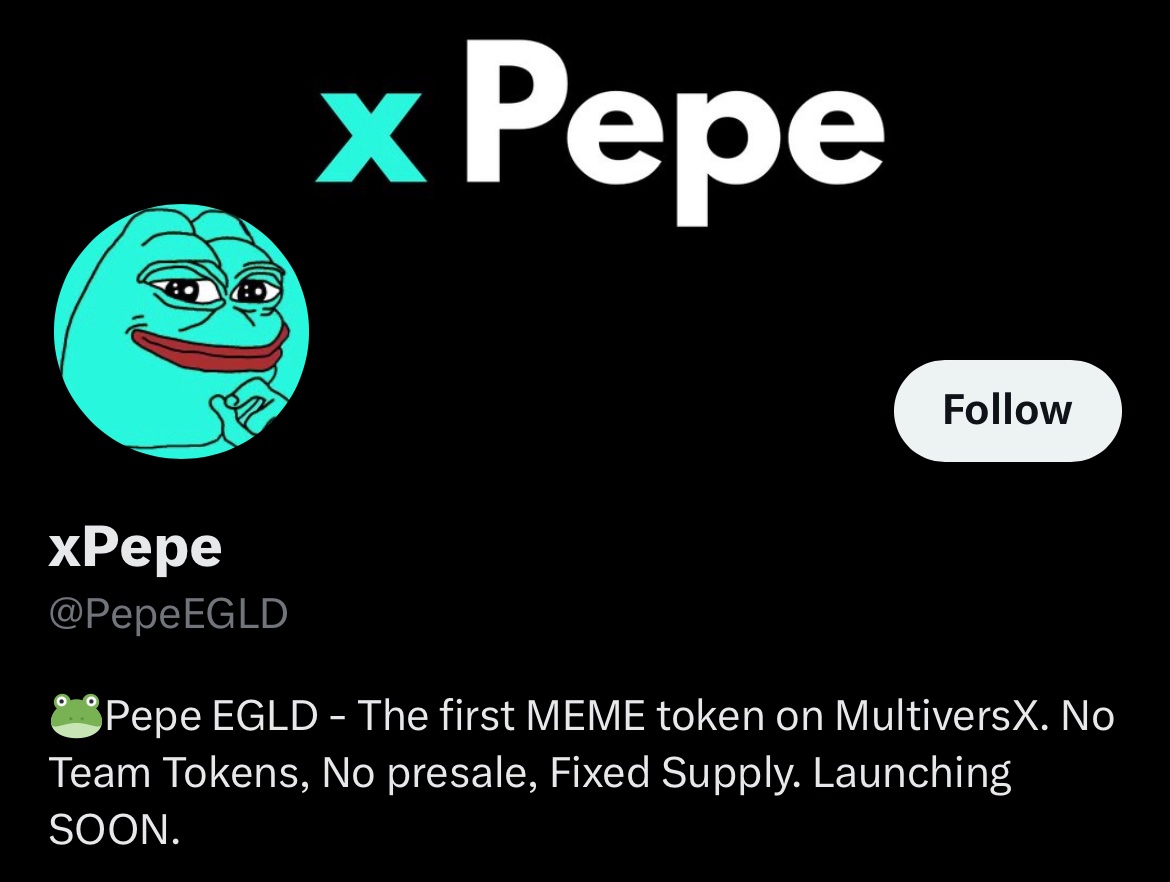 xPepe is the first #MultiversX MEME Coin.🐸

- no team tokens
- 0 inflation
- marketcap at launch < $10,000
- no presale / sale
- 100% community driven

100 people who follow, like and retweet (tagging 3 friends) will be eligible for a free AIRDROP.

If you see this, you’re OG.🔥