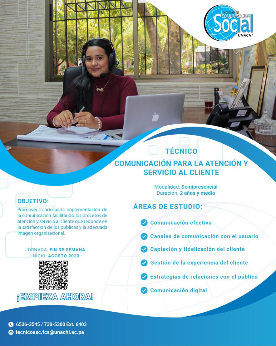 #RecorridoUNACHI <a href="/unachipanama/">UNACHI</a> La Facultad de Comunicación Social – UNACHI anuncia las inscripciones para el Técnico Comunicación para la atención y servicio al cliente. 
Para mayor información contáctanos al Tel. 730-5300 Ext. 6403 
Correo: tecnicoasc.fcs@unachi.ac.pa