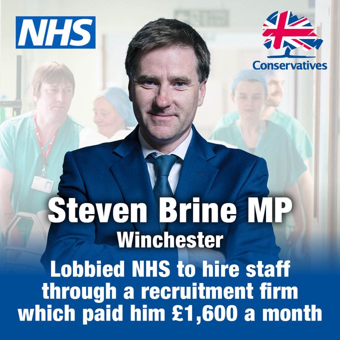 TORY CORRUPTION

Meet Tory MP Steven Brine

🔴This Tory MP lobbied NHS to hire staff through as recruitment firm which paid him £1,600 a month.

👉RETWEET if you agree this is exploitative.