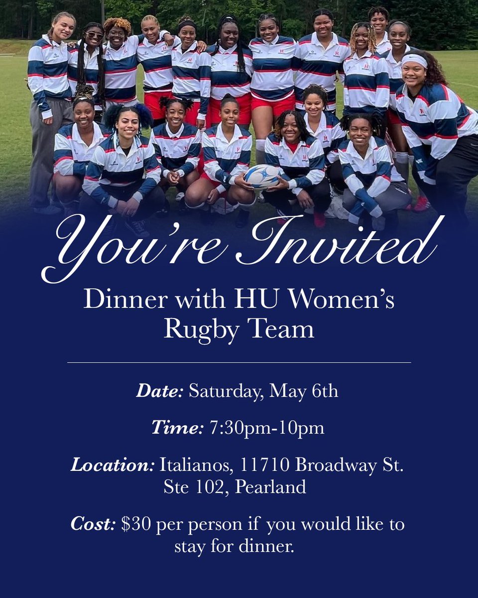 Join us for dinner with the HU Women’s Rugby Team tomorrow at 7:30pm at Italianos! 

#BisonEngage #HowardForward #HowardAlumni #HoustonHowardAlumni #HoustonBison