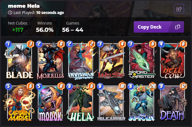 AndrewBohm's tweet photo. @DekksterGaming The "meme" is real in this meta. 100 games, 56% win, avg 1.1+ cubes per games. https://t.co/eIF8H9bbhi