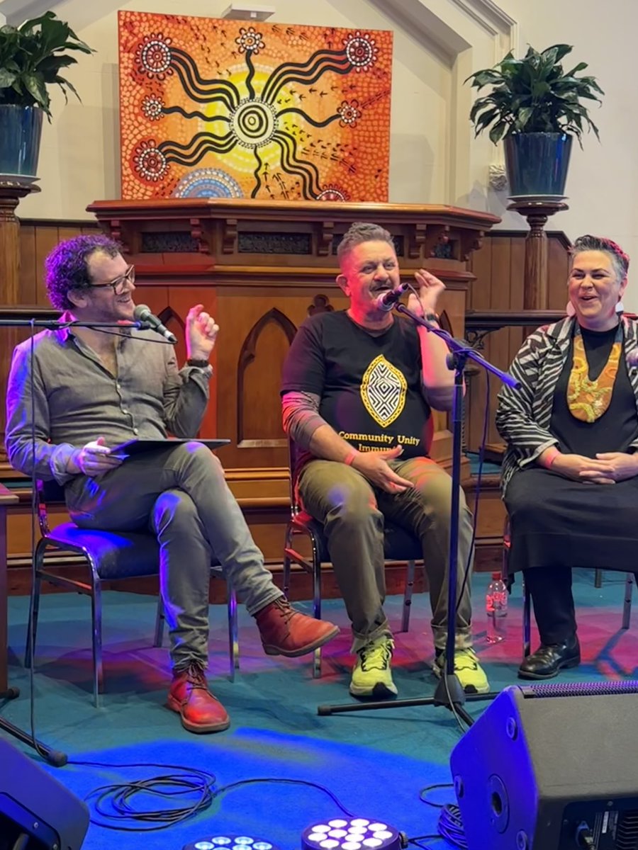 jonodavidbutler's tweet photo. First up at Queenscliff’s sacrededge festival is Lisa Waples-Crowe, @pwcrowe &amp; @duanalla talking about finding place https://t.co/ug4vsIo3nQ