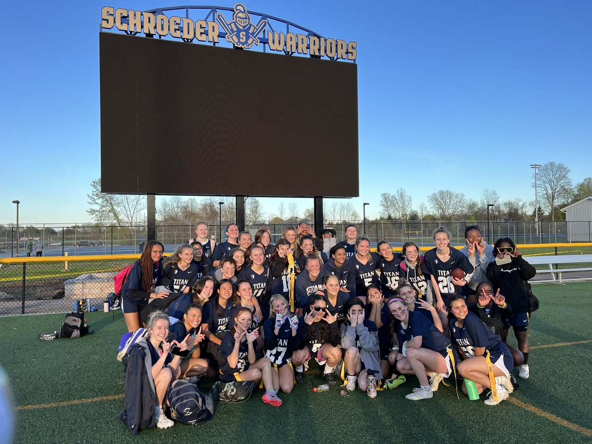 Big dub for the Ladies tonight!  What a game between the Warriors and Titans. Catherine R. scored all 3 TDS for the Titans including the game winner with 11 seconds left. Mady K. sealed the win with her 9th pick of the season. Titans win 18-23. Congratulations Ladies!