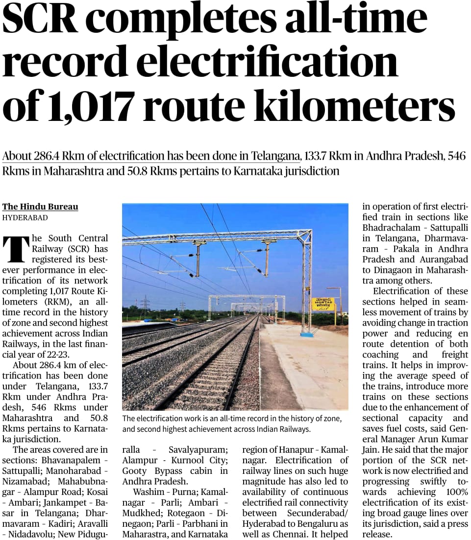 SCR completes all-time record #electrification of 1,017 route kilometers About 286.4 Rkm of electrification has been done in Telangana, 133.7 Rkm in Andhra Pradesh, 546 Rkms in Maharashtra and 50.8 Rkms pertains to Karnataka jurisdiction @THHyderabad @arunjainir