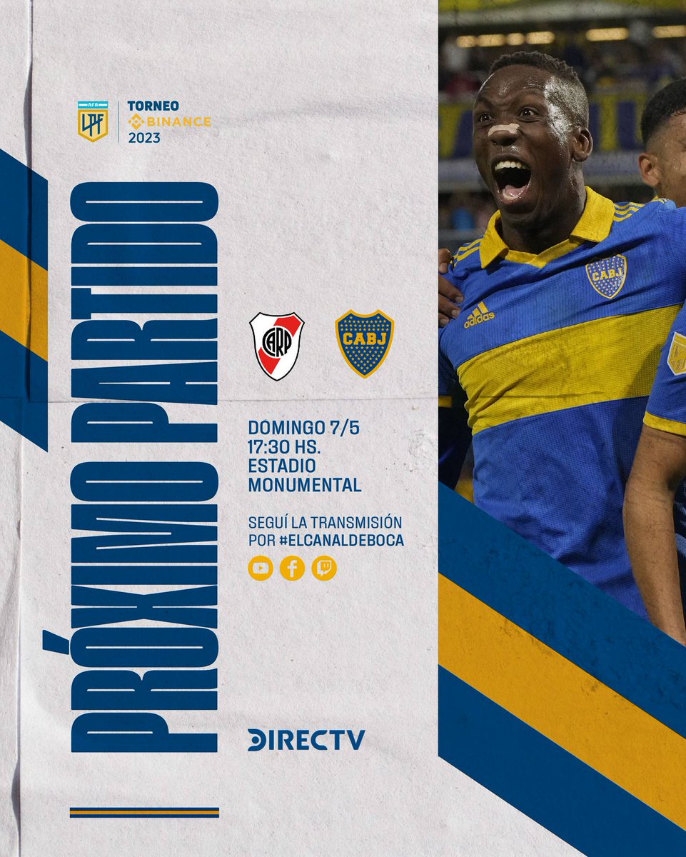 BocaJrsOficial's tweet photo. 🔜 ¡𝗣𝗥𝗢́𝗫𝗜𝗠𝗢 𝗣𝗔𝗥𝗧𝗜𝗗𝗢!

⚽ #TorneoBinance
🆚 River Plate
🗓 Domingo 07/05
🕙 17:30
🏟 Estadio Monumental
💻 https://t.co/MxPeQREH4R

#DaleBoca 🔵🟡🔵 https://t.co/CeSikQUpJJ