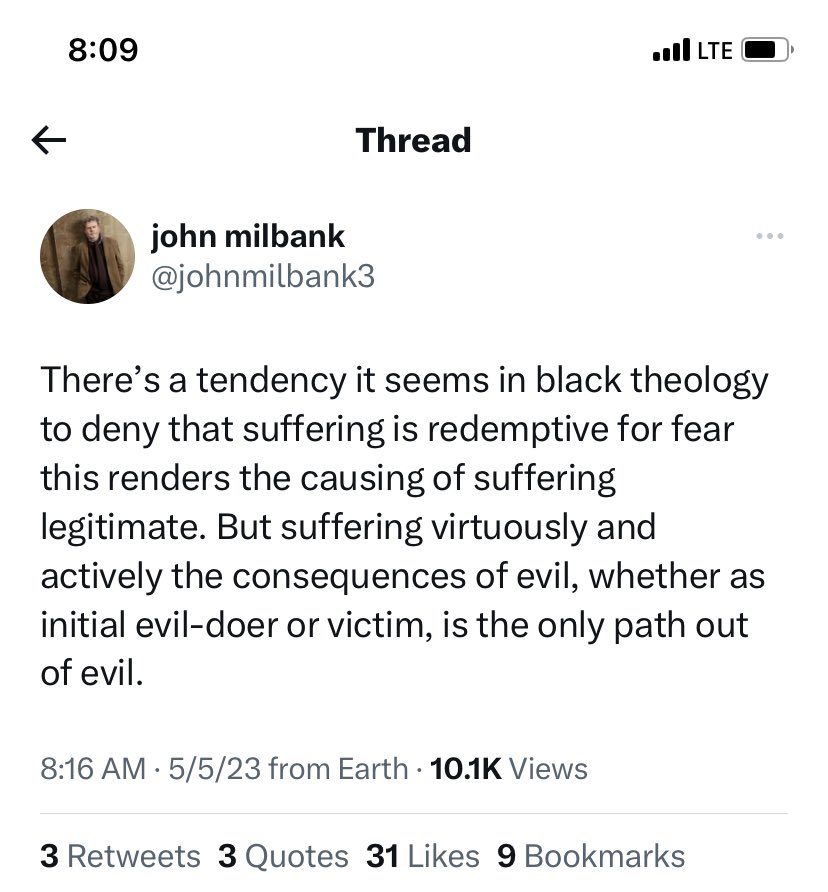 “How weird, it seems black theology is extremely suspicious of theodicy and attempts to justify worldly suffering or render it redemptive, I wonder why that is!”