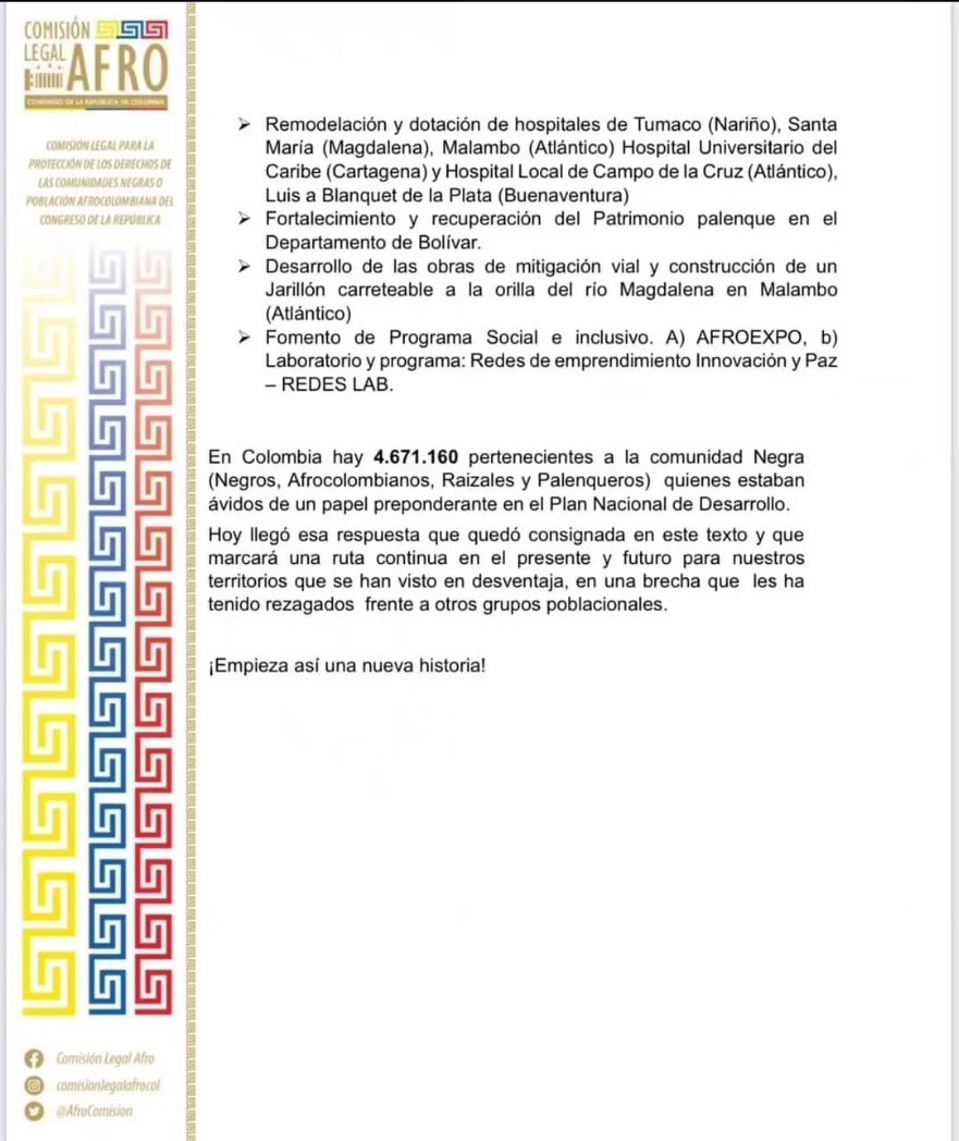 CRISTOBALCAIC10's tweet photo. #PND | Grandes logros de para las comunidades Negras, Afrocolombianas, Rizales y Palenqueras #NARP dentro del Plan Nacional de Desarrollo “ Colombia Potencia Mundial de la vida”.

Estas fueron nuestras propuestas ⬇️ https://t.co/aHcGXE4Ce9