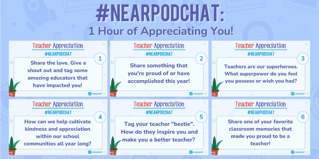 Nearpod (@nearpod) on Twitter photo π Join us for a special #NearpodChat next Wednesday!
πTopic: 1 Hour of Appreciating You!
β°Time: 8pm ET
π©βπ»Hosts: <a href="/lindsayrothfeld/">Lindsay Rothfeld</a>, <a href="/caileecorkill/">Cailee Corkill</a>, & the #PioNear Community!
Retweet if you will be joining us! β #EdChat
P.S. Stay tuned for some celebrations come your way! π π Join us for a special #NearpodChat next Wednesday!
πTopic: 1 Hour of Appreciating You!
β°Time: 8pm ET
π©βπ»Hosts: <a href="/lindsayrothfeld/">Lindsay Rothfeld</a>, <a href="/caileecorkill/">Cailee Corkill</a>, & the #PioNear Community!
Retweet if you will be joining us! β #EdChat
P.S. Stay tuned for some celebrations come your way! π