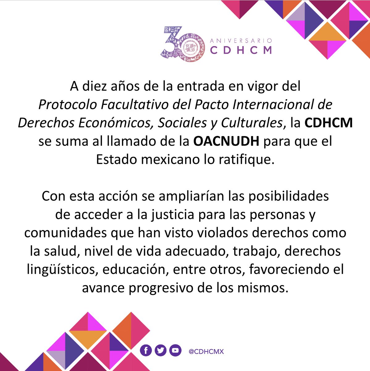 CDHCMX's tweet photo. Desde la #CDHCM nos sumamos a llamado de @ONUDHmexico al Estado mexicano para ratificar el Protocolo Facultativo del #PIDESC. https://t.co/kg3R4KmUNv