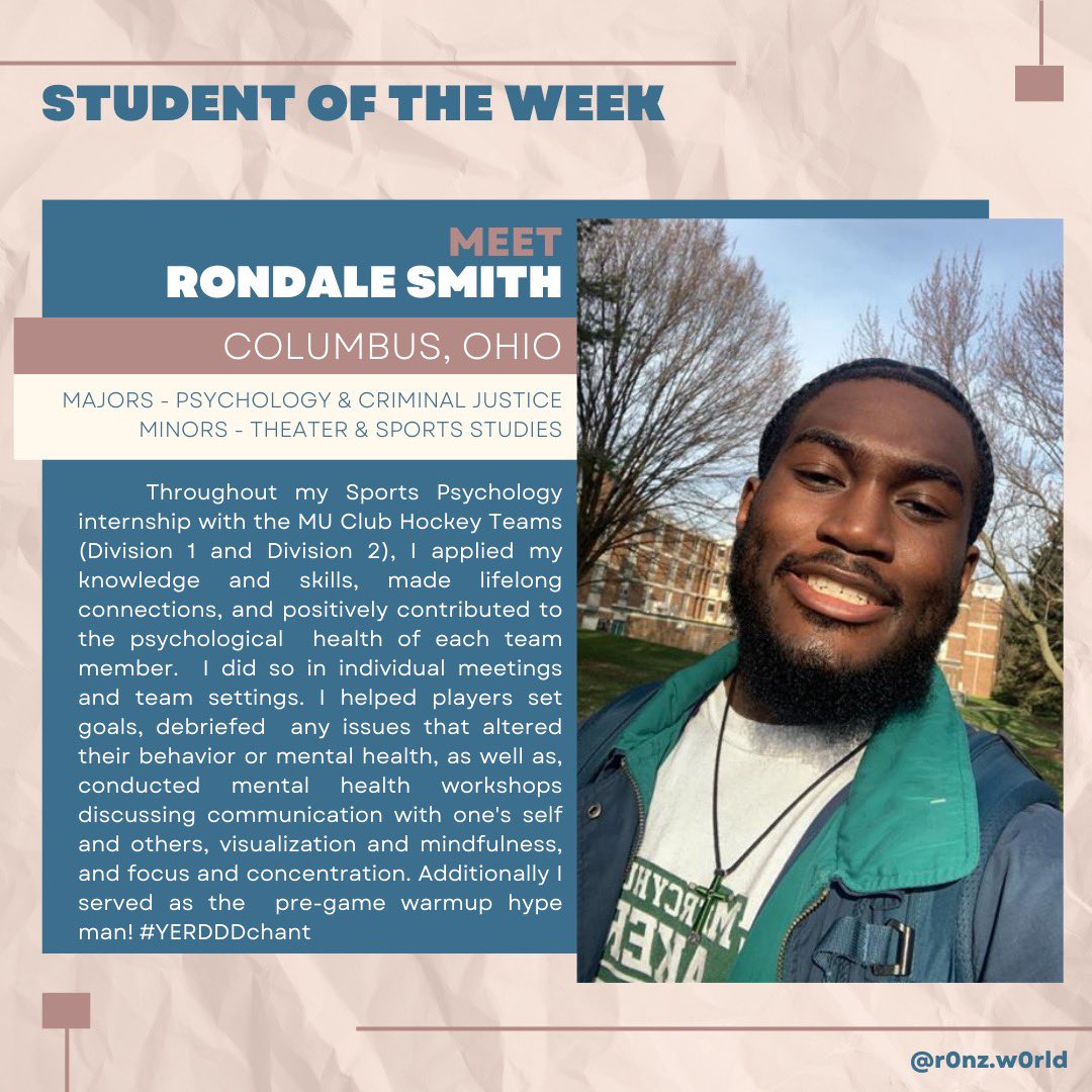 MercyhurstCJ's tweet photo. Meet our student of the week🤩

Rondale Smith is a Senior at Mercyhurst and will be graduating this May! He believes that there is much needed help in the criminal justice field from racial discrimination and mental health to overall compassion. https://t.co/MJTBguilPv