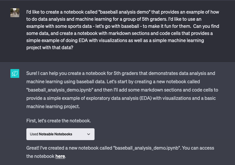 somedavestu's tweet image. I volunteered to give a STEM day presentation at my kids' elementary school yesterday, and to help prepare, I used @noteable_io 's  ChatGPT plug-in to create a fun and educational notebook about exploratory data analysis and machine learning 🎉