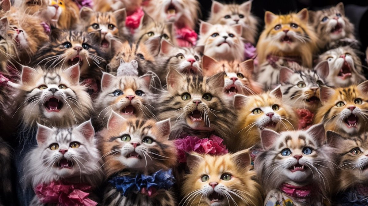 icreatelife's tweet image. “Humans” new Broadway show 

My prompts: 
lots of real cats dressed in fancy clothing on the stage singing --ar 16:9

a cat dressed in a fancy outfit singing with a microphone --ar 16:9 

Share your version of this Broadway show 😹

Inspired by Denis Girard