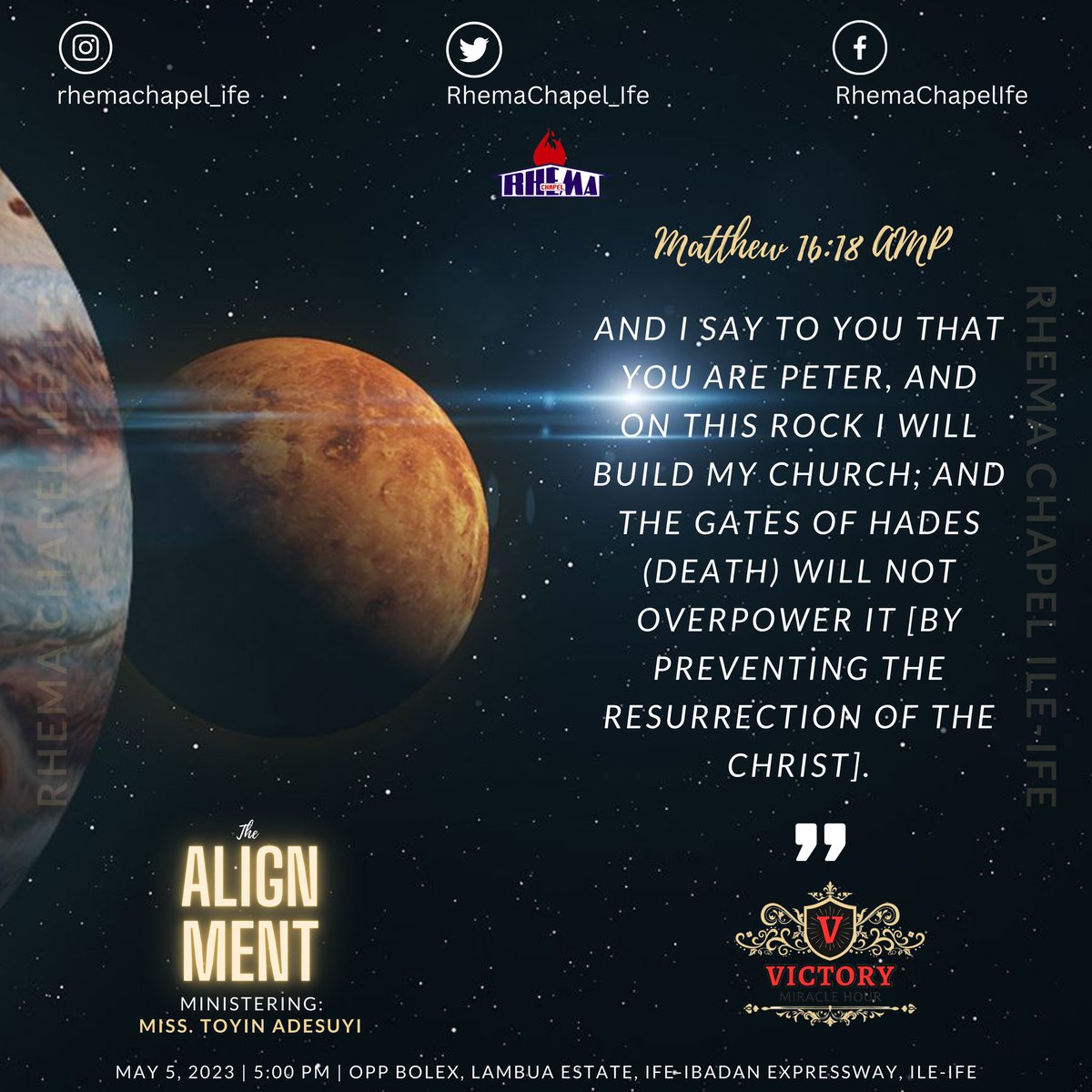 RhemaChapelxIfe's tweet photo. It was an electric service tonight as we aligned with the help of the Holy Spirit to what God has spoken concerning us as a church!
Here are the excerpts from the message and prayer points.
Join in and your life will be aligned!

#RhemaIfe
#VictoryMiracleHour
#TheAlignment https://t.co/6CO1XFEpmX