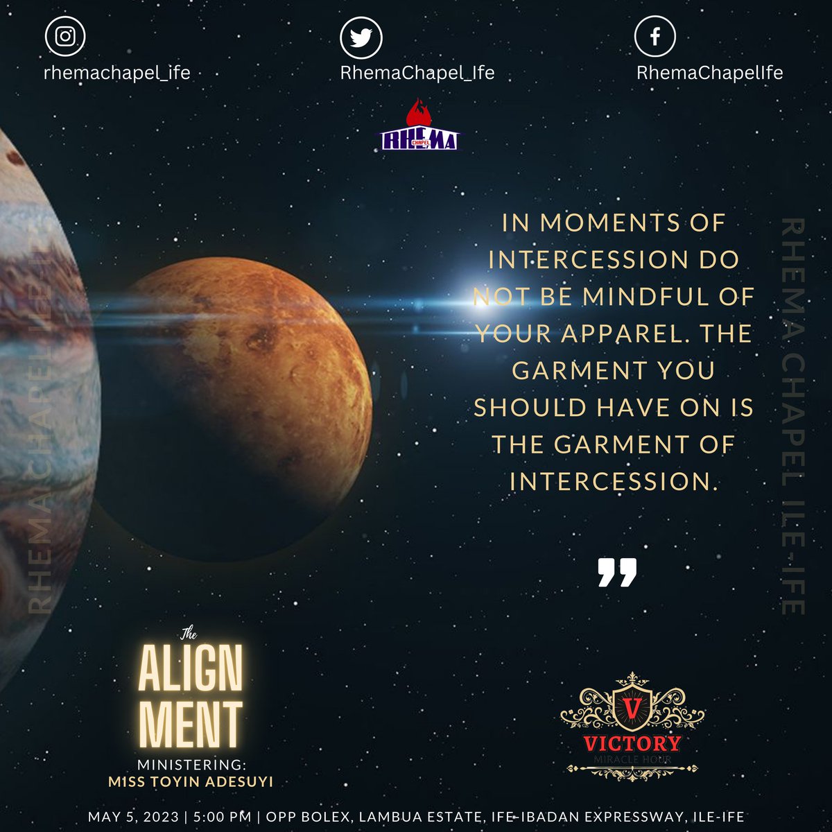 RhemaChapelxIfe's tweet photo. It was an electric service tonight as we aligned with the help of the Holy Spirit to what God has spoken concerning us as a church!
Here are the excerpts from the message and prayer points.
Join in and your life will be aligned!

#RhemaIfe
#VictoryMiracleHour
#TheAlignment https://t.co/6CO1XFEpmX