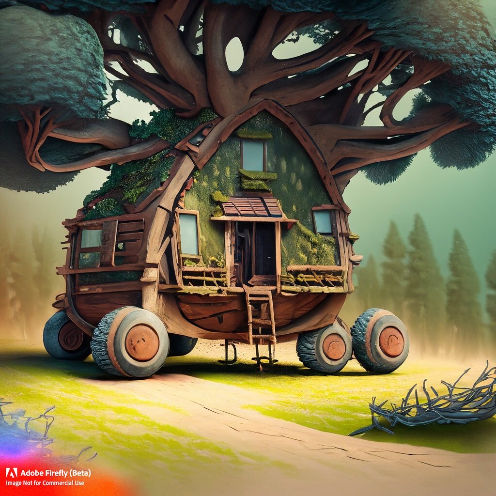I’m impressed with how well #adobefirefy #AI creates images from text prompts! All the image needs now is some digital painting and/or #photoshop touch up. o
tree fort on wheels