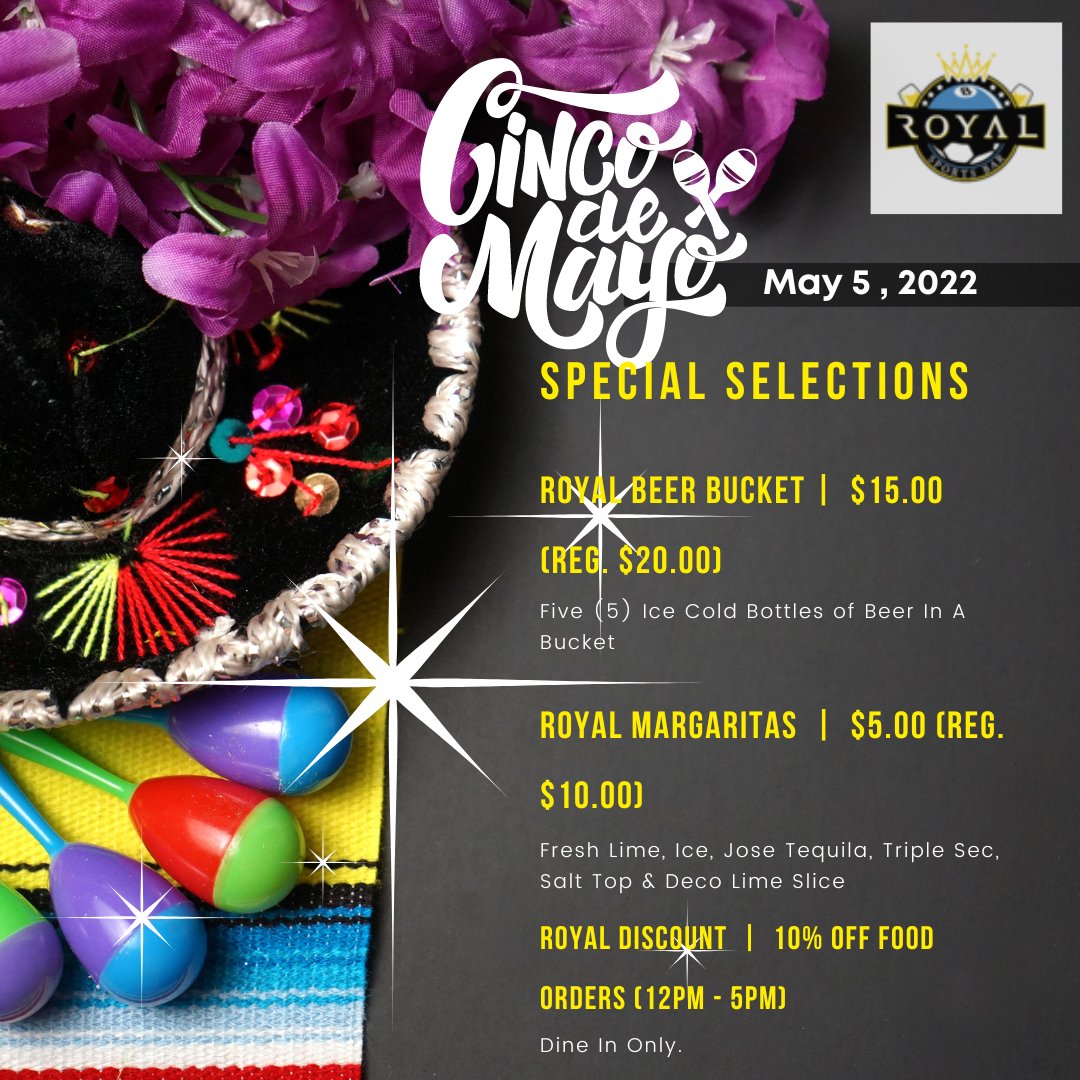 RoyalSportsBar_'s tweet photo. It's here -- Cinco De Mayo! Join our celebration at Royal Sports Bar and enjoy our Latin music and food festival! 🎶🍴🎉 Live Performance by Majorie Johnson @_marjorie.johnson + Food and Drink Specials...
-
-
#cincodemayo #mexico #senoritas #latinmusic #latinmusic_col #latinmusic https://t.co/VqWFdB4lgL