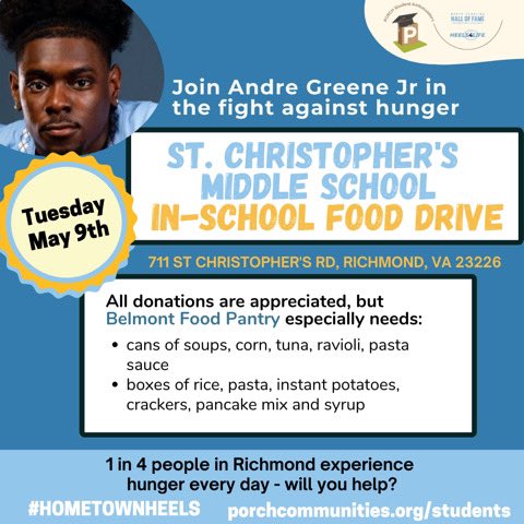 Excited to be back in my hometown next week fighting hunger and food insecurity with students from St. Christopher’s! #hometownheels, #uncfootball, #goheels, #tarheels, #unc, #heels4lifenil, #nchof_inc, #hungerrelief, #porchcommunities