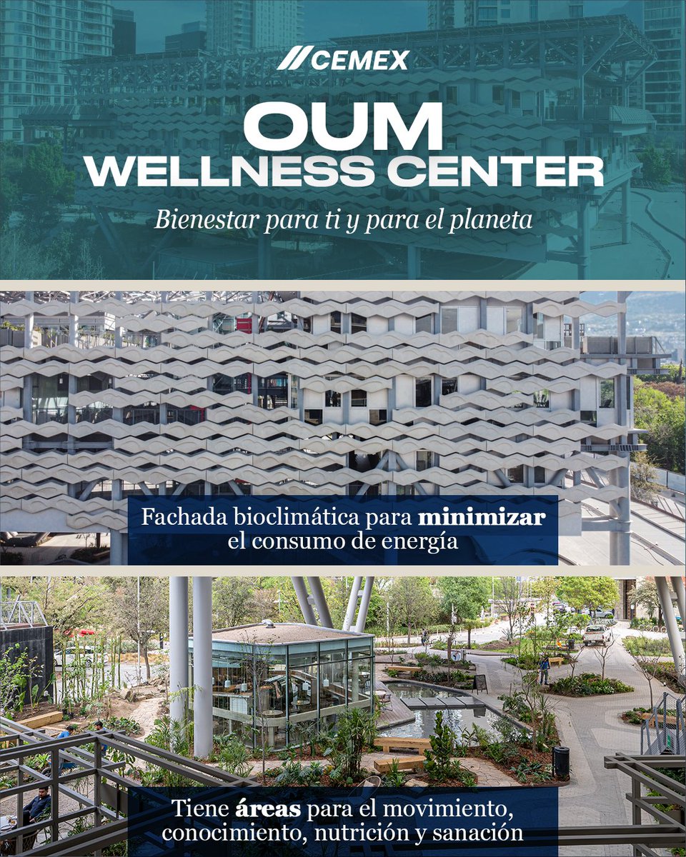 Para el proyecto de Oum Wellness Center en Nuevo León, el Centro de Innovación y Desarrollo de #Cemex en Suiza, brindó asesoría para una fachada bioclimática que minimiza el consumo de energía y contribuye a la sostenibilidad del lugar. #ConstruyendoUnMejorFuturo