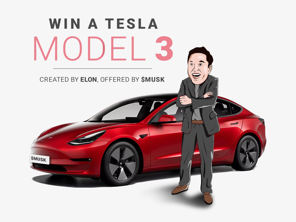 🚘 TESLA GIVEAWAY 🚘

Yes, you read that right: we're giving away a Tesla to one lucky Musketeer when we reach 15 million MC!

The best electric car designed by the King of Memes <a href="/elonmusk/">Elon Musk</a> himself will be offered by $MUSK, through a lottery contest!

🚘 RULES 

For every 0.1 ETH,