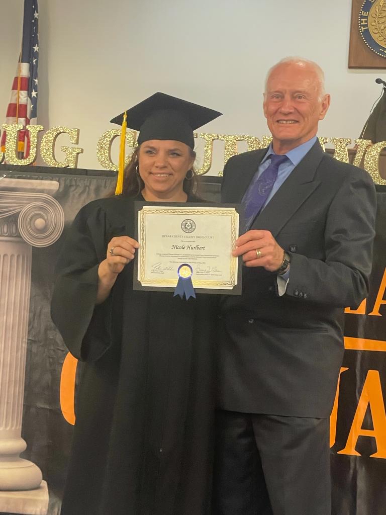 PIF_SA's tweet photo. Nicole Hurlbert, a current PIF resident, graduated Felony Drug Court today along with James Robinson, a past PIF resident. 

Our awesome CEO Ben Brooks also received an award from felony drug court. 

Congratulations to all of these exceptional folks as they #recoverforward. https://t.co/YxgrEM55PK