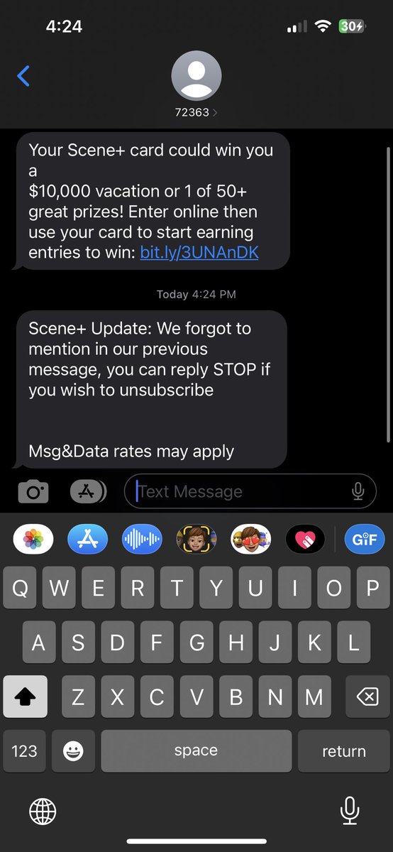 stephaniedetlor's tweet photo. @Scene_Plus hey scene - is this a legitimate text? Seems off https://t.co/xenzP2qUc1
