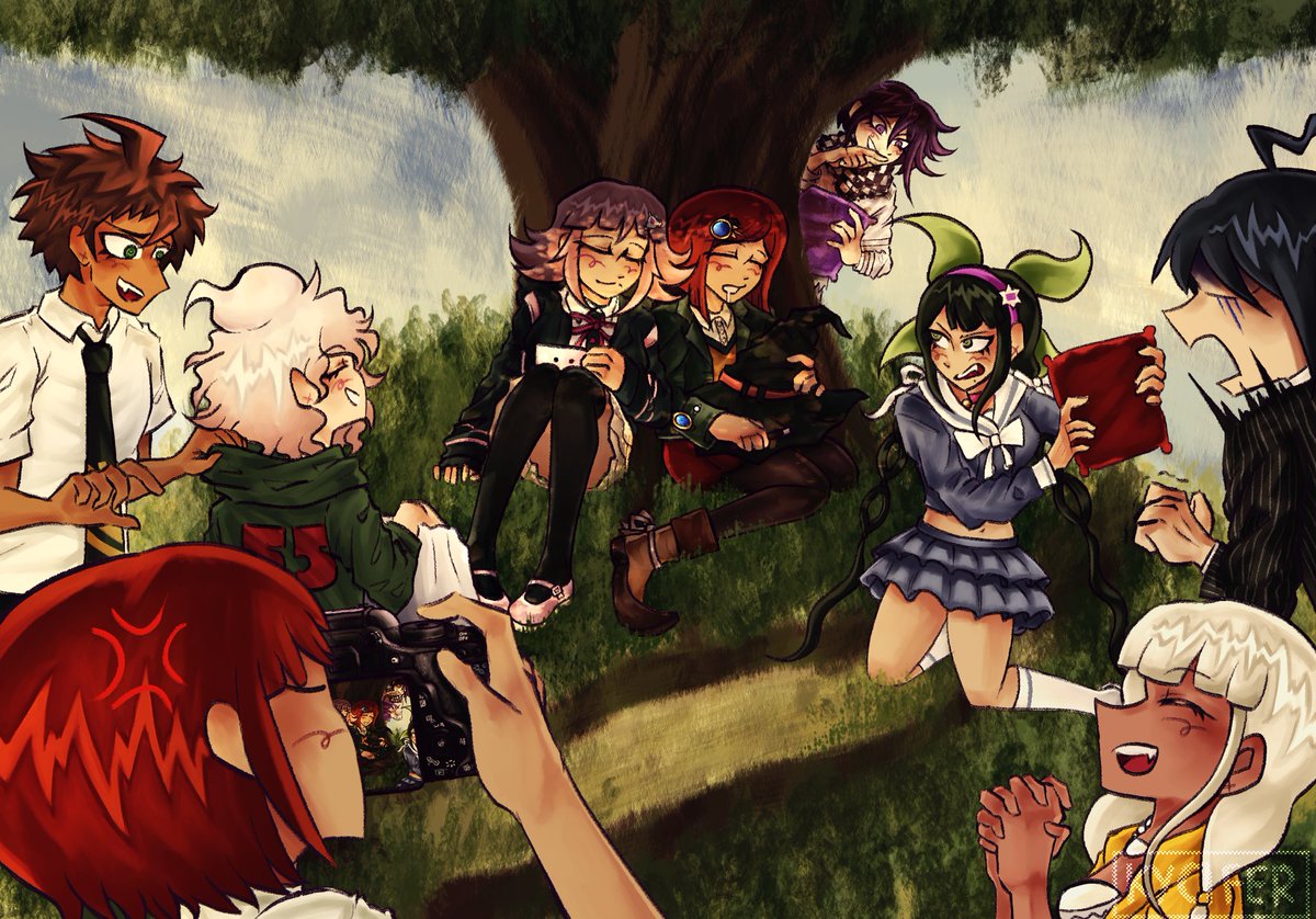 heres my full piece for <a href="/TiredZine/">Sleep on It: A Tired Characters Zine -RELEASED!!!</a> !! check it out its free!! i had so much fun working on it and drawing all these characters and the background!! i like to think i improved while i did this too :DD!! #danganronpa