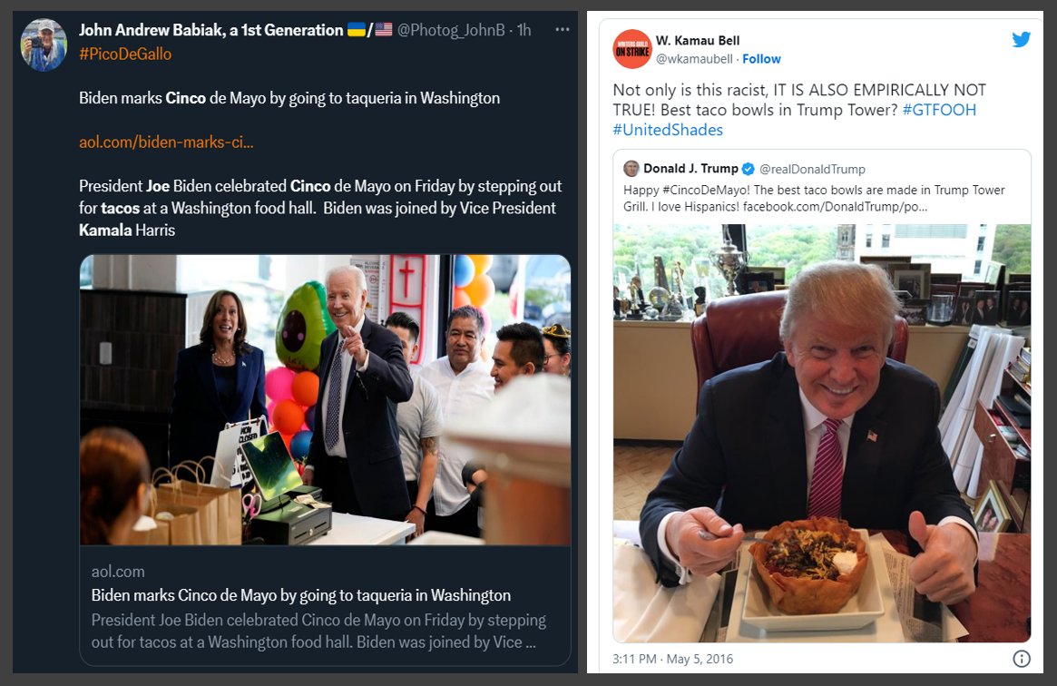 Make note of all tweets about how this is racist that you DON'T SEE today.  🦗

Apparently, it's only racist if it's #Trump doing the eating.

But there's no double standard, right?
Ok, sure there isn't.

#HappyCincoDemayo
#CincodeMayo2023