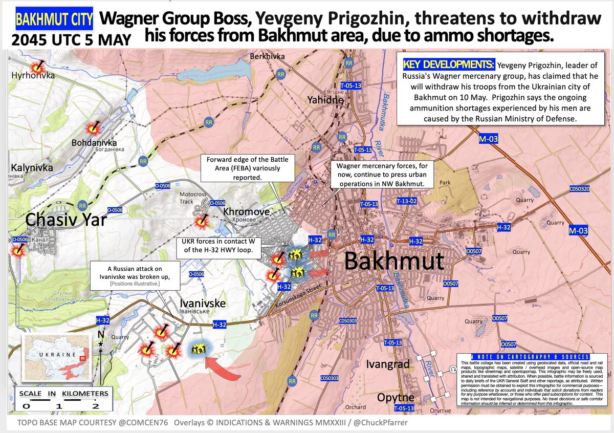 BAKHMUT CITY /2045 UTC 5 MAY/ Yevgeny Prigozhin, leader of Russia's Wagner mercenary group, has claimed that he will withdraw his troops from the Bakhmut on 10 May.  Prigozhin says ongoing ammunition shortages experienced by his men are caused by the Russian Ministry of Defense.