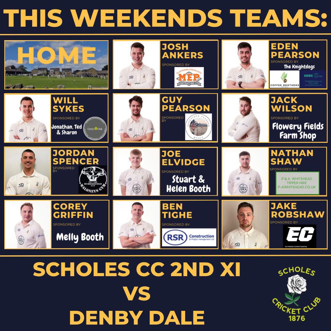 Scholes CC (@huddsscholescc) on Twitter photo Here’s our teams for tomorrows league games. The 1sts travel to <a href="/MirfieldParish/">Mirfield Parish Cavaliers CC</a> whilst the 2nds play host to <a href="/DenbyDaleCC/">Denby Dale CC</a>
Thanks to all our player sponsors #UTS Here’s our teams for tomorrows league games. The 1sts travel to <a href="/MirfieldParish/">Mirfield Parish Cavaliers CC</a> whilst the 2nds play host to <a href="/DenbyDaleCC/">Denby Dale CC</a>
Thanks to all our player sponsors #UTS