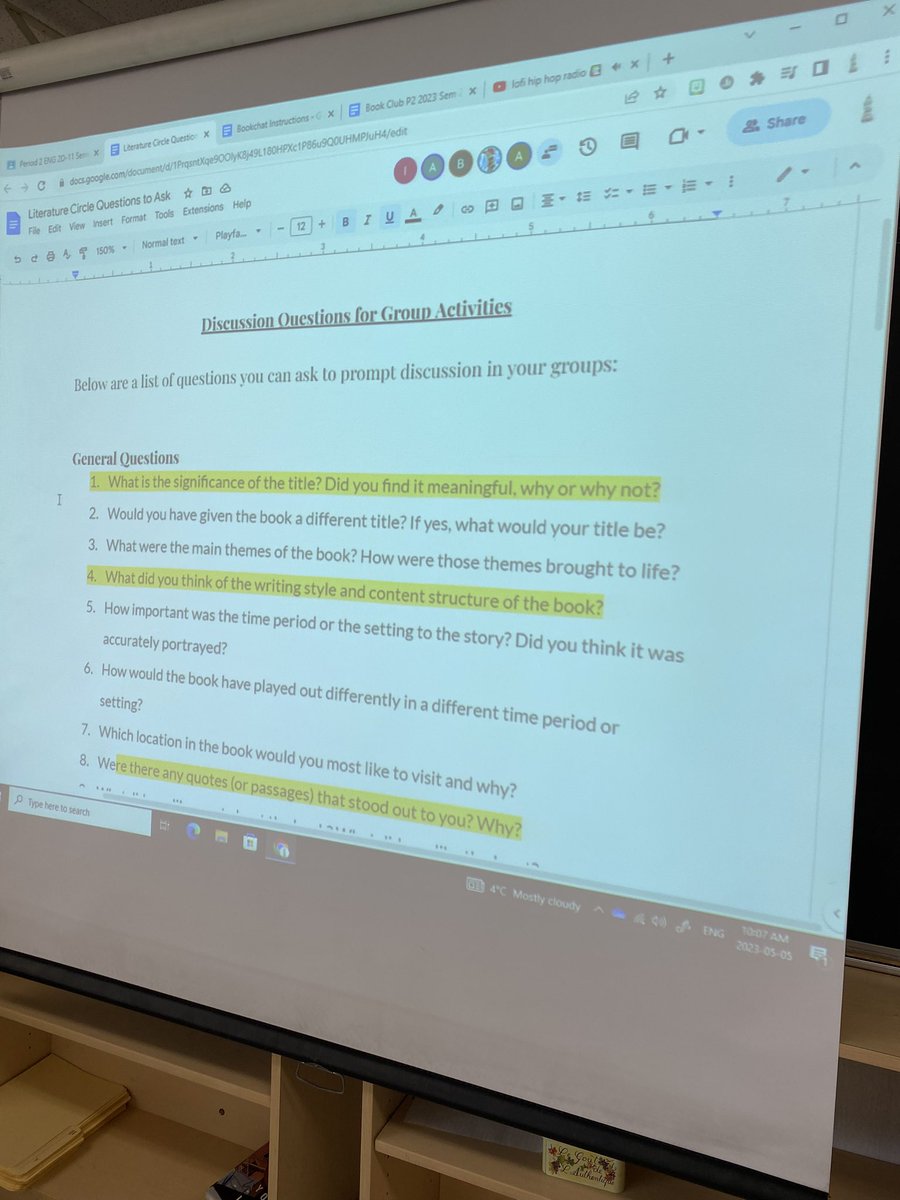 MsMartins04's tweet photo. Today in ENG 2D we started our first bookchat for literature circles! Students talked about their initial thoughts and opinions about the novel- and enjoyed the warm weather because why not 📚☀️ https://t.co/PPzXyDBiAt