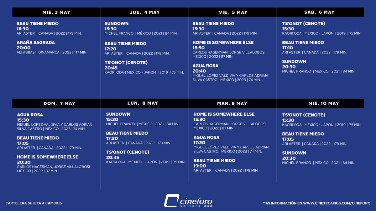 EnriqueVazquez_'s tweet photo. La cartelera de @CinetecaFicg y @CineforoUdeG que estrenan:
•Home is Somewhere Else de Carlos Hagerman y Jorge Villalobos. 
•Ts’onot (Cenote) de Kaori Oda
•Sundown de Michel Franco
•Agua Rosa de Antónimo
Dénse: https://t.co/fSEc9s2UWG