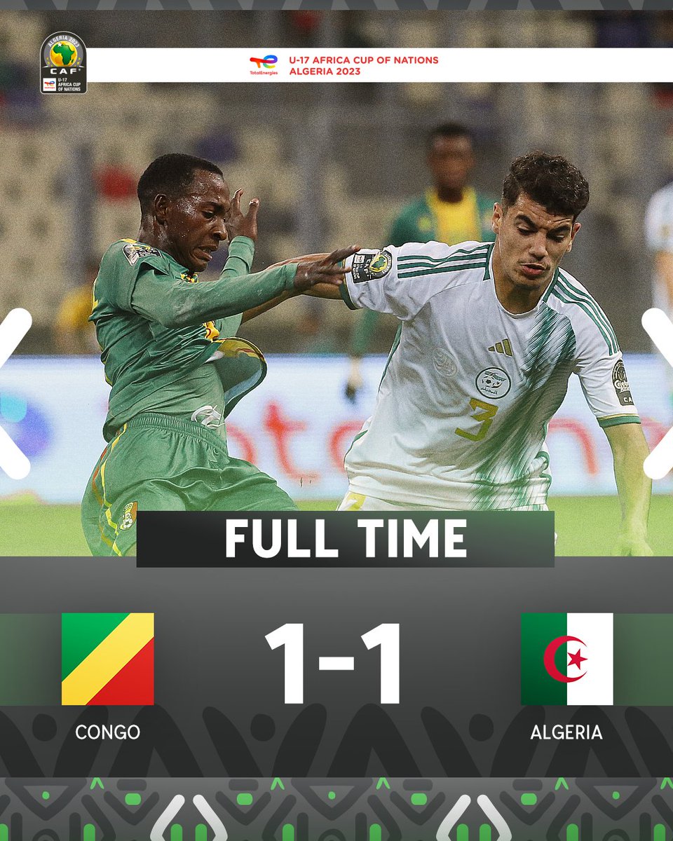 caf_online_AR's tweet photo. نهاية المباراة! 🔚
🇨🇬 الكونغو 1-1 الجزائر 🇩🇿
اللقاء ينتهى بالتعادل الإيجابي بهدف لكل منتخب على ملعب نيلسون مانديلا. 🤝
#TotalEnergiesAFCONU17 | #CGOALG https://t.co/zK53Nb9XtK