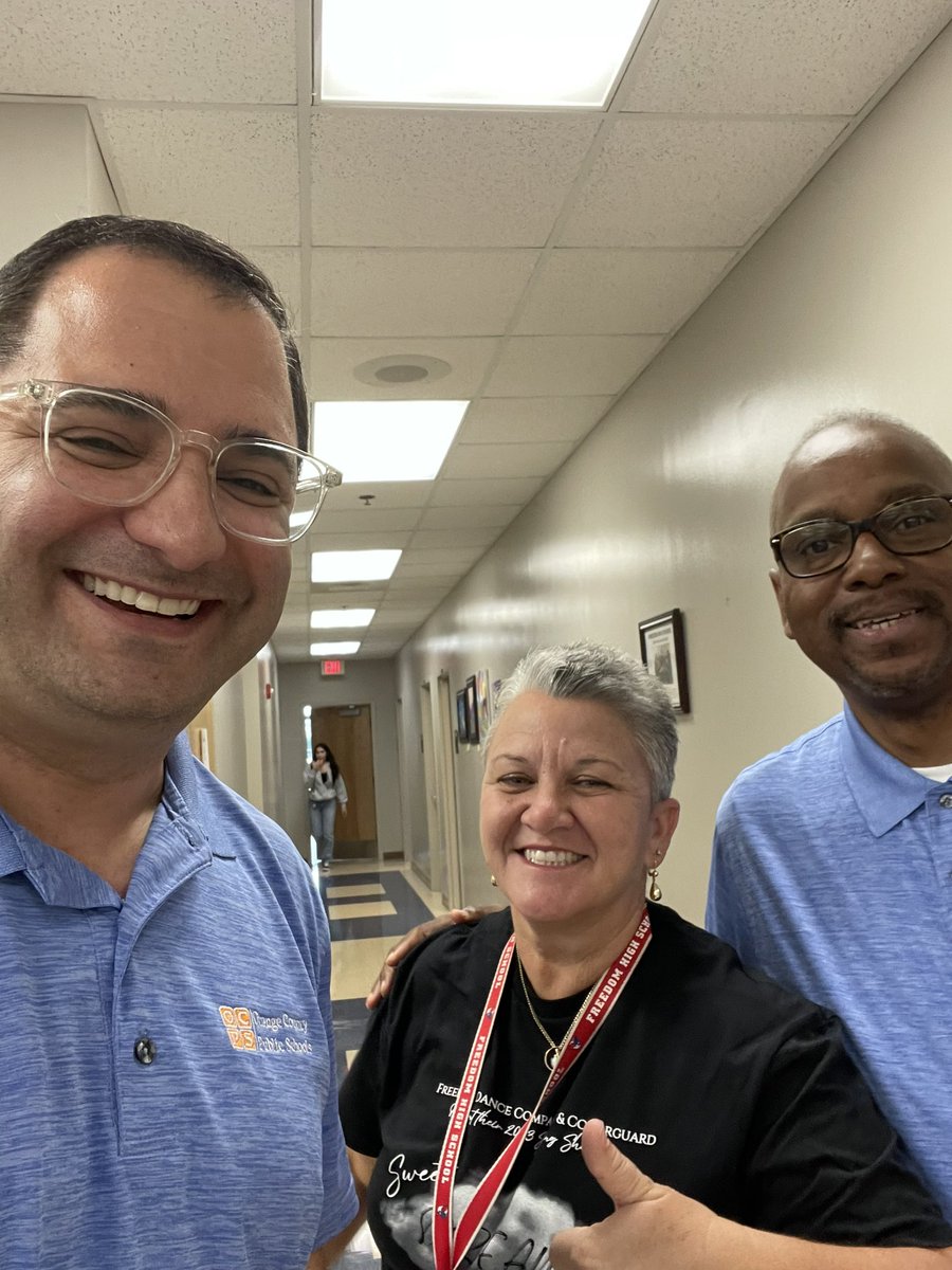 DrMarkShanoff's tweet photo. Third stop for #FiveVisitFriday was Freedom High School and principal Cheryl Neely and Assistant Principal Chuck France. Freedom High is the standard bearer for a lot of amazing programs in @OCPSnews! Thanks for helping us redesign device check in. @JMartinez_OCPS https://t.co/E6mk2pTYMp