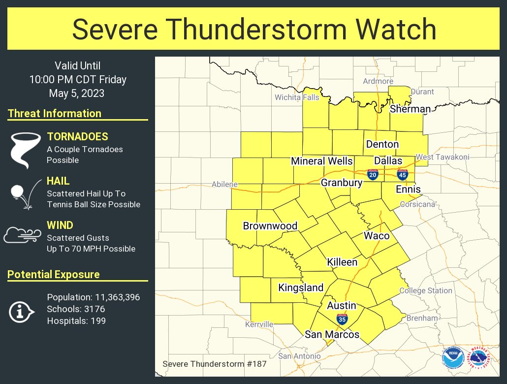 NWSSevereTstorm's tweet photo. A severe thunderstorm watch has been issued for parts of Oklahoma and Texas until 10 PM CDT https://t.co/0nMgzr05ba