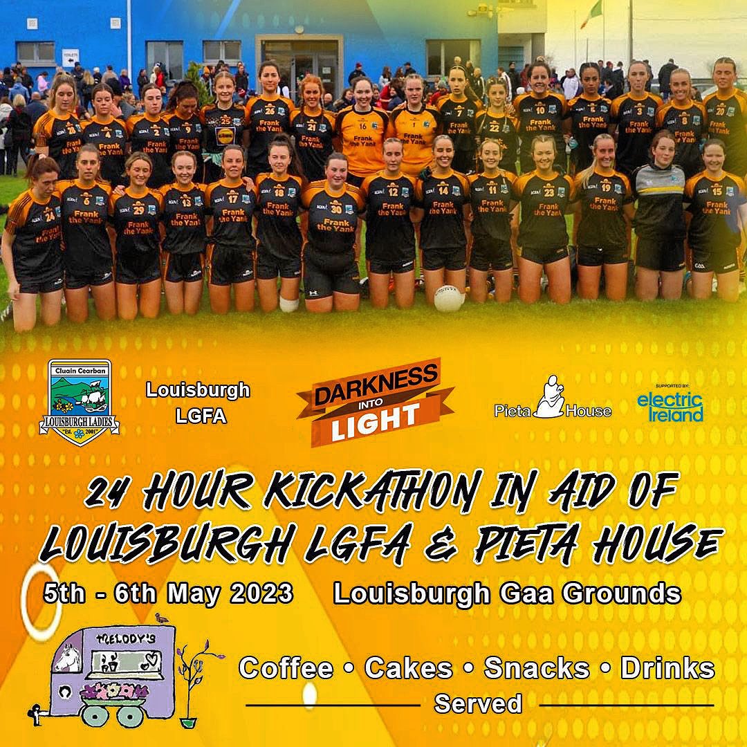 LouisburghGAA's tweet photo. The kickathon is live over on our Facebook page. Huge thanks to everyone for the support so far 💛

https://t.co/9c7KvxoLDI

@PietaHouse 

#darknessintolight2023 https://t.co/Ys4Ut23Vf7