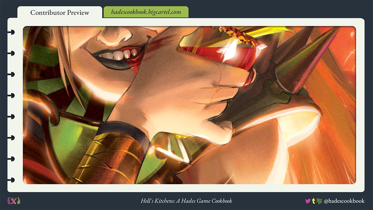 Have a small taste of my piece in the <a href="/hadescookbook/">Hell's Kitchens 🔪 A Hades Cookbook</a> Hell's Kitchens zine! 🔥 

It's a Hades game cookbook packed full of art and recipes and writing. Everyone's work is so impressive!! 

Get your orders in now! We've already unlocked 4 stretch goals!
🔥 hadescookbook.bigcartel.com🔥