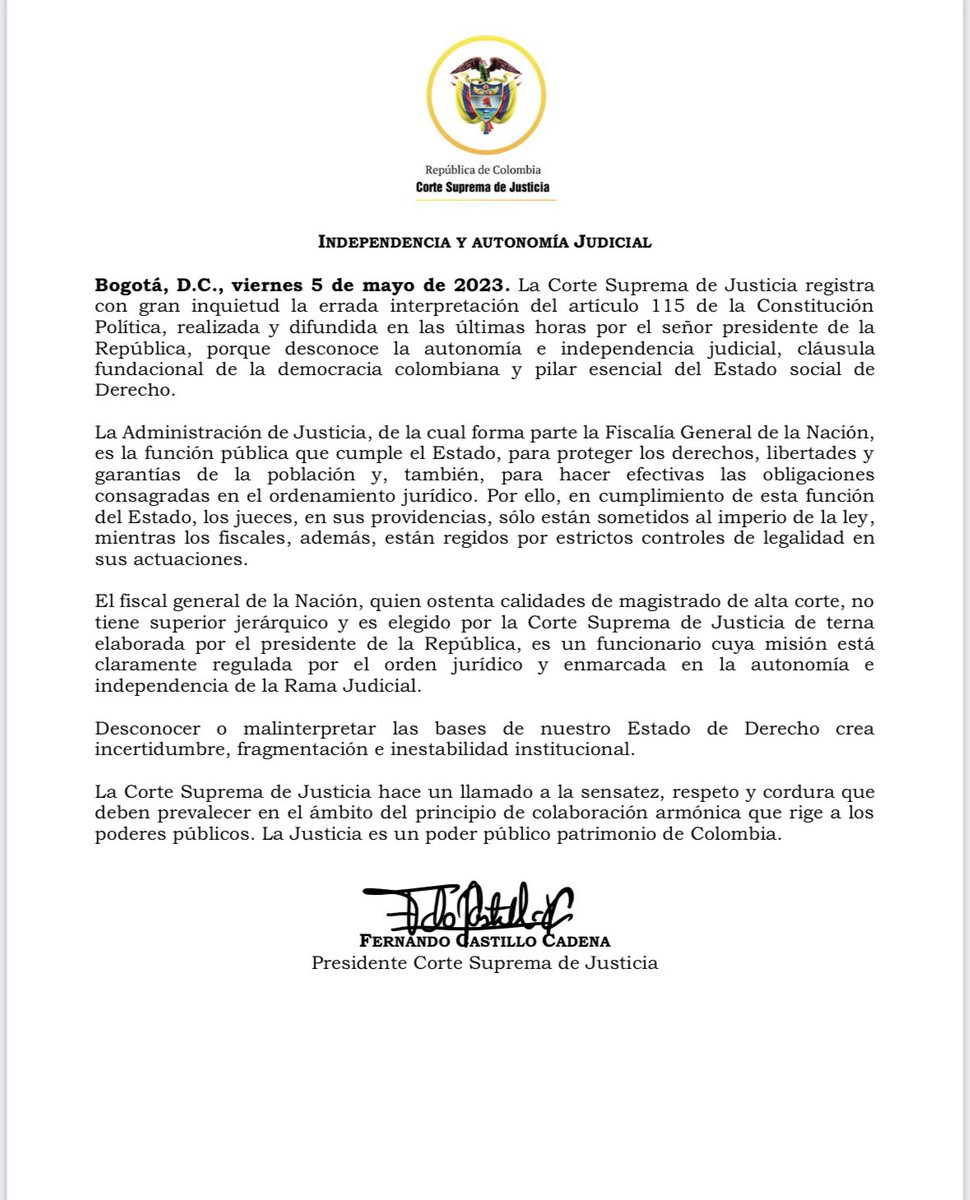 Cayetana Álvarez de Toledo (@cayetanaat) on Twitter photo Y esto de hoy mismo.
Comunicado de la Corte Suprema de Justicia de Colombia sobre el atropello de <a href="/petrogustavo/">Gustavo Petro</a> a la separación de poderes. Y esto de hoy mismo.
Comunicado de la Corte Suprema de Justicia de Colombia sobre el atropello de <a href="/petrogustavo/">Gustavo Petro</a> a la separación de poderes.